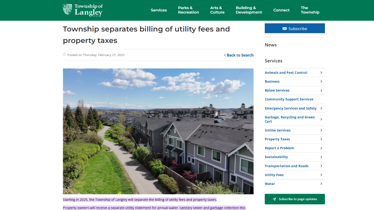 Langley Township Utility Fees Separated in Langley, British Columbia, in the Fraser Valley region