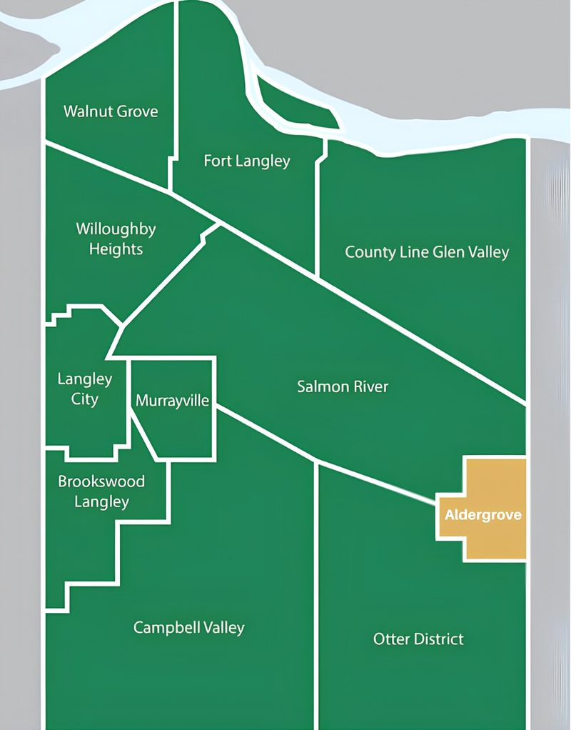 Illustrated map of Langley communities in green, with Aldergrove highlighted in gold at the eastern edge next to Salmon River and Otter District