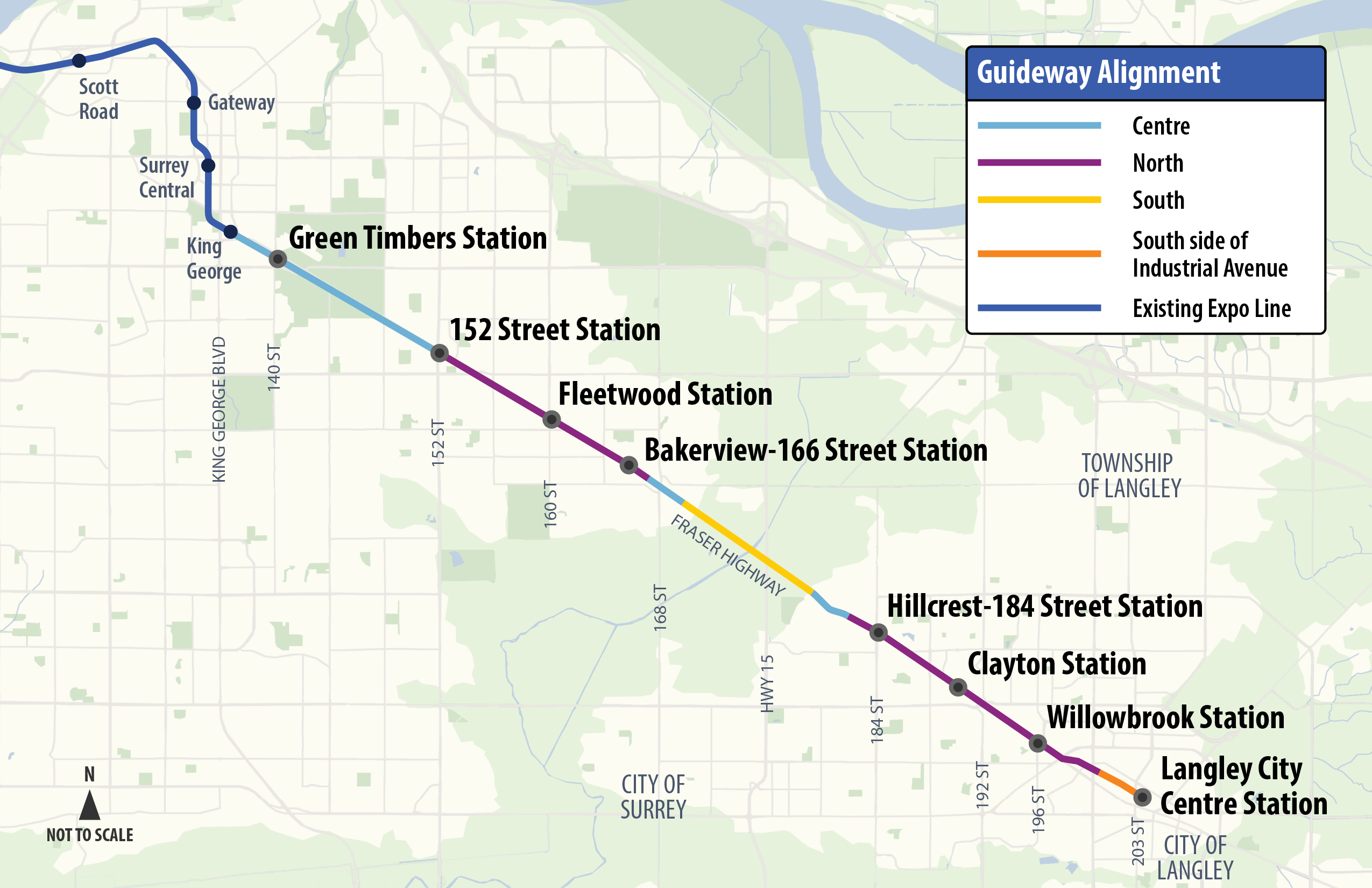 Surrey-Langley SkyTrain guideway alignment map showing all 8 stations from King George to Langley City Centre