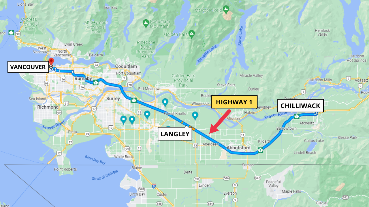 Highway 1 route map showing Langley between Vancouver and Chilliwack, British Columbia