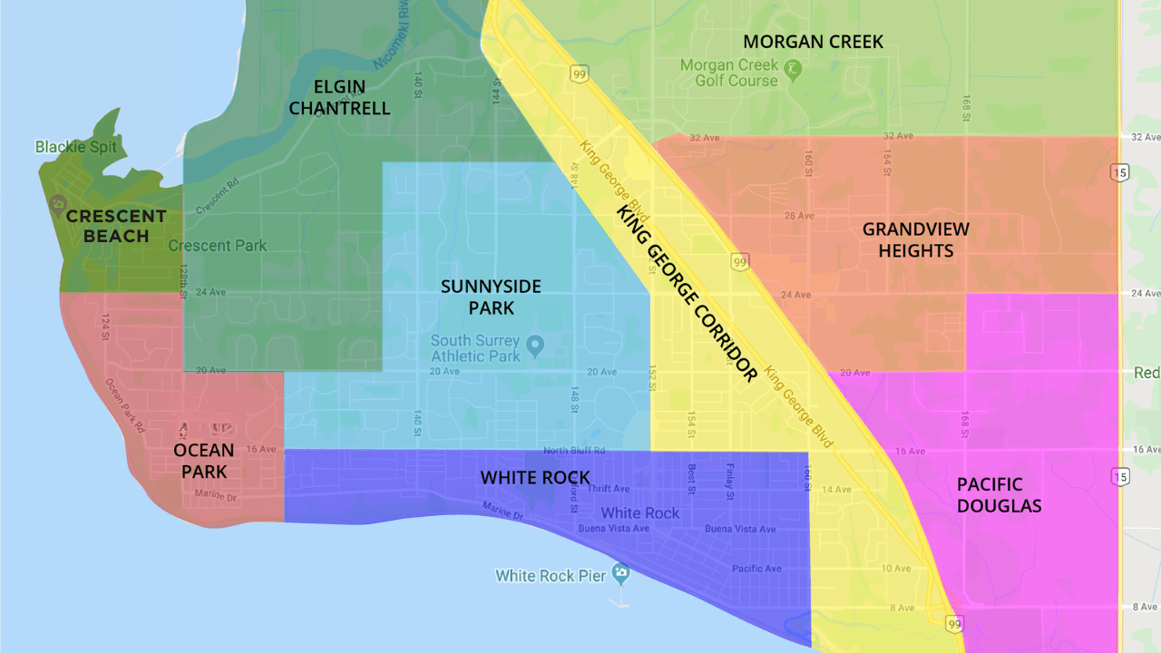 Map of the South Surrey sub-areas, including Crescent Beach, Elgin Chantrell, Sunnyside Park, King George Corridor, Grandview Heights and White Rock