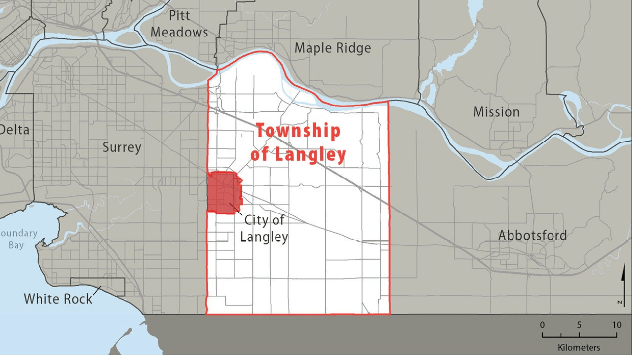 Map showing Langley City inside the much larger Township of Langley