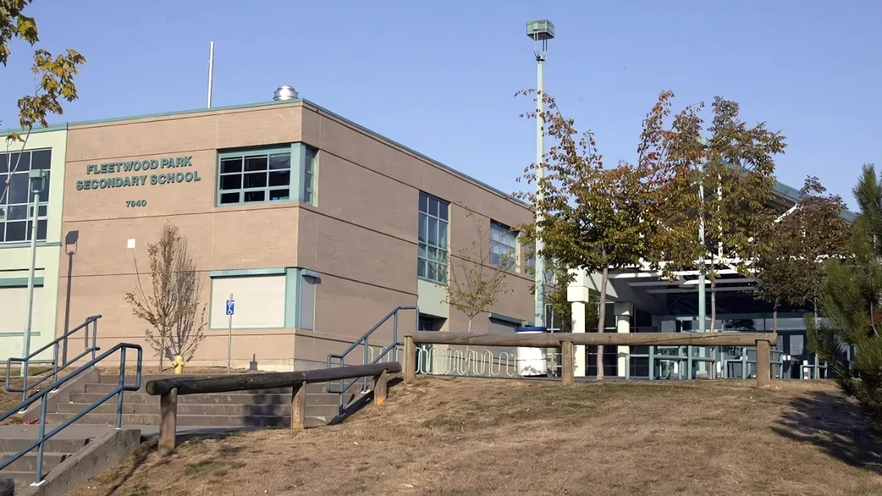 Fleetwood Park Secondary building with its name and front stairs