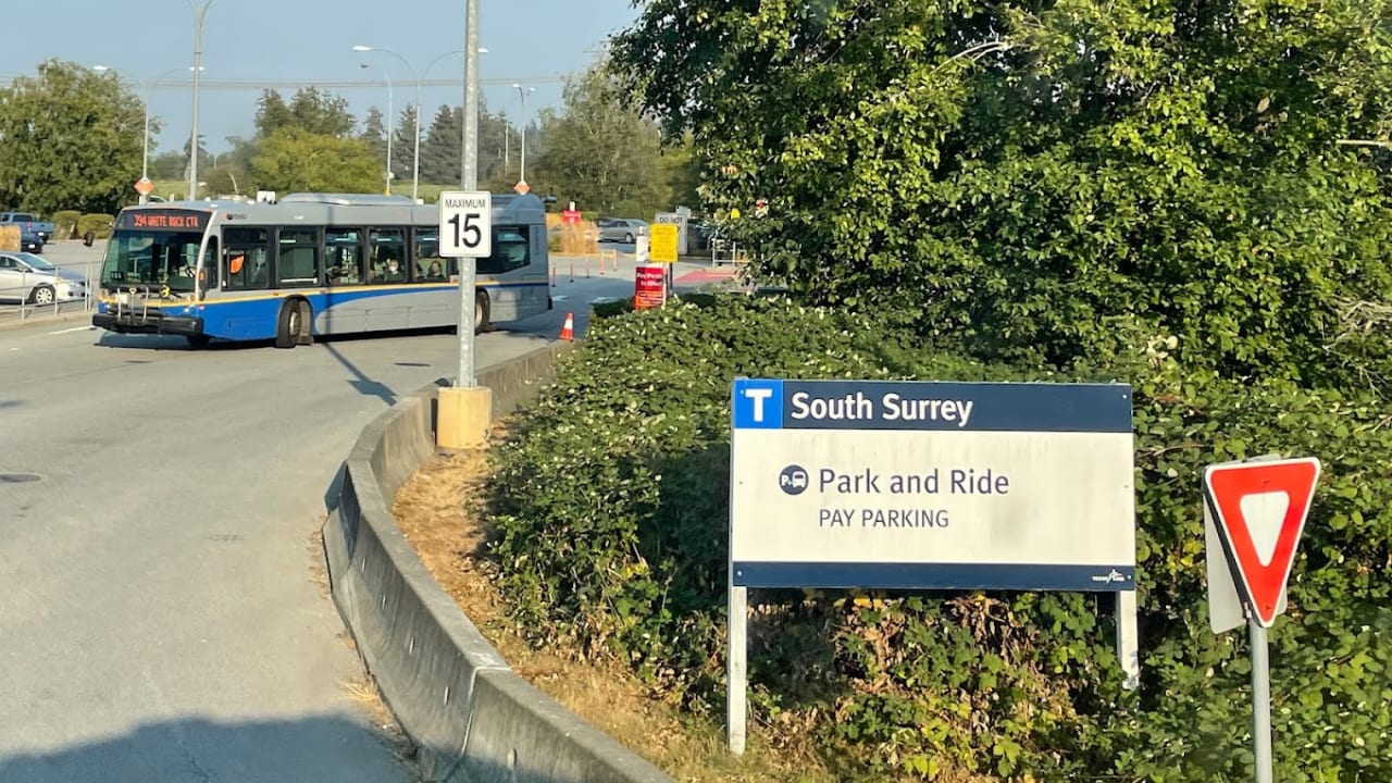A bus arriving at the South Surrey Park and Ride, where many South Surrey commuters switch from car to transit