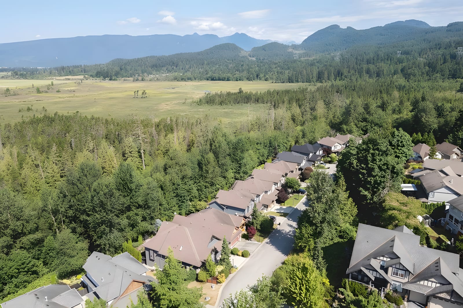 Aerial view of hillside detached homes in Maple Ridge