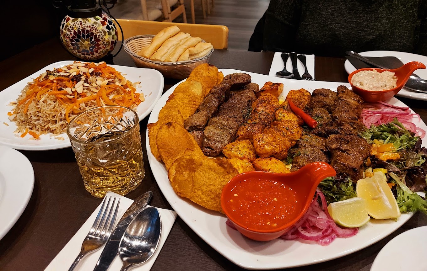 A platter of Afghan kebabs, rice and naan at a South Surrey restaurant