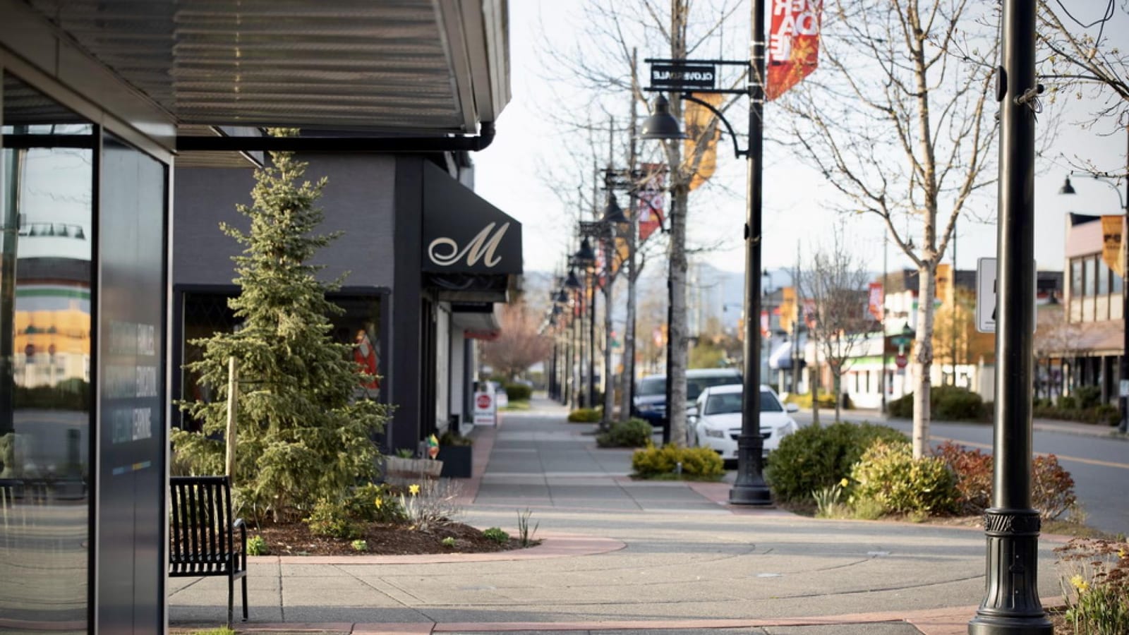 A tree-lined sidewalk in downtown Cloverdale, Surrey