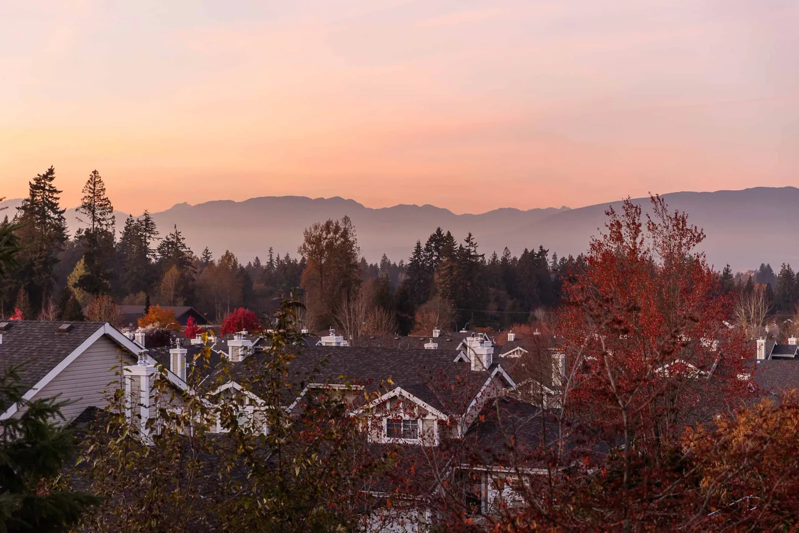 Walnut Grove rooftops and autumn trees at sunset in Langley, with the mountains beyond