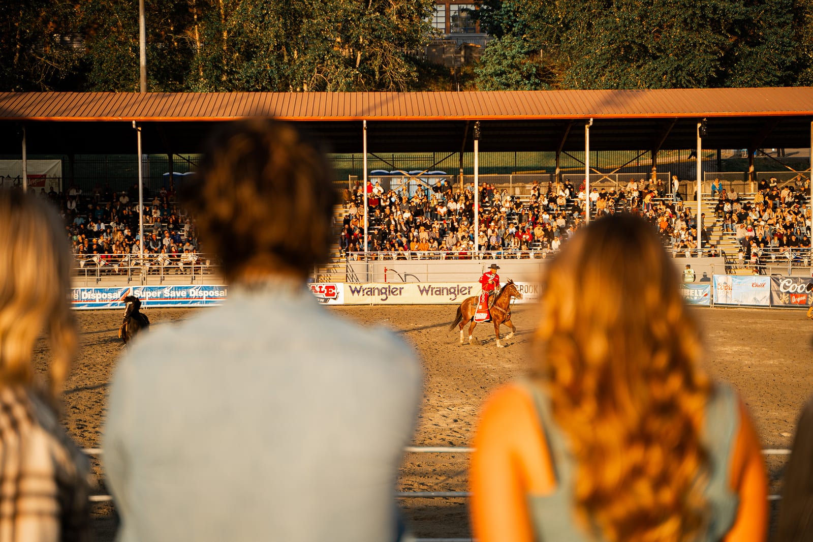 The rodeo arena and grandstand at the Cloverdale Rodeo at golden hour