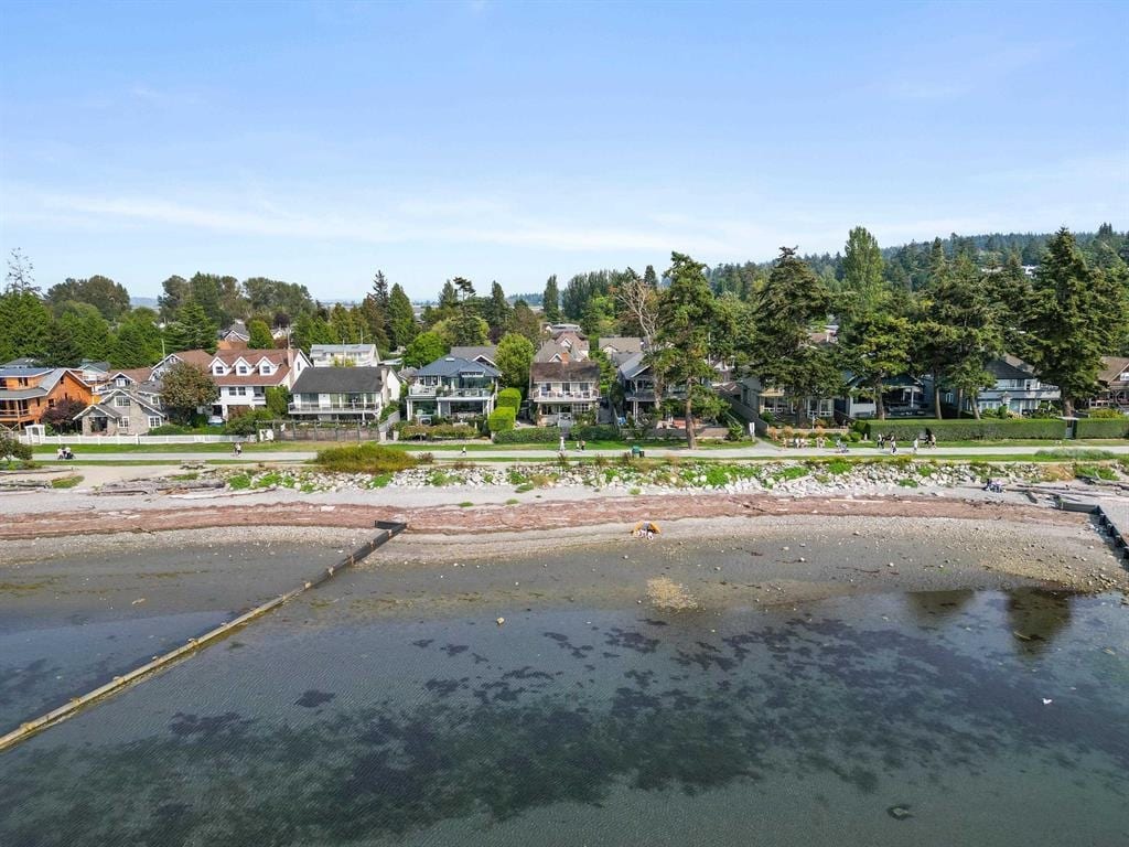 Aerial view of waterfront homes and the promenade at Crescent Beach, Surrey