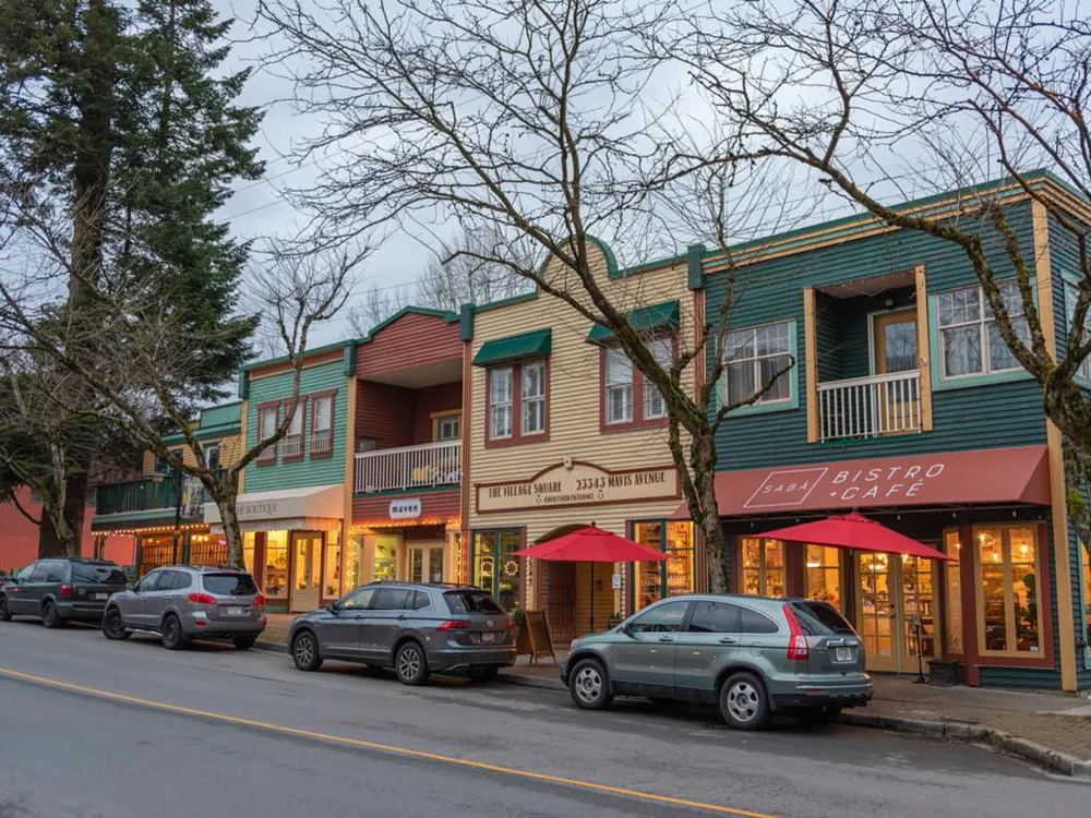 Heritage shopfronts in Fort Langley village at dusk