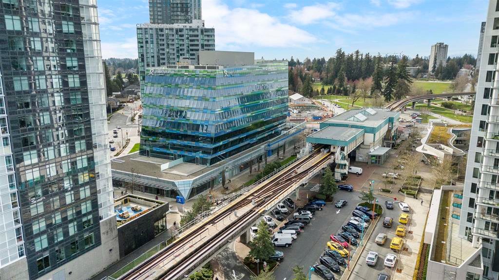 The SkyTrain guideway and Surrey Central station from above, with the bus loop
