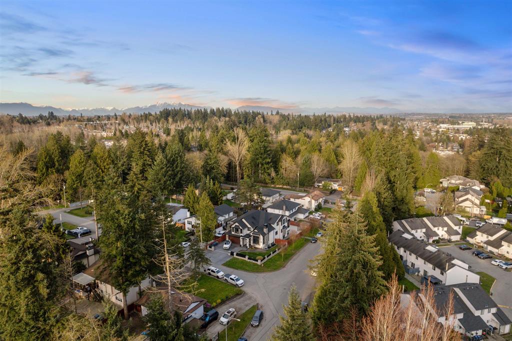 Aerial view of treed streets and townhomes in East Newton, Surrey