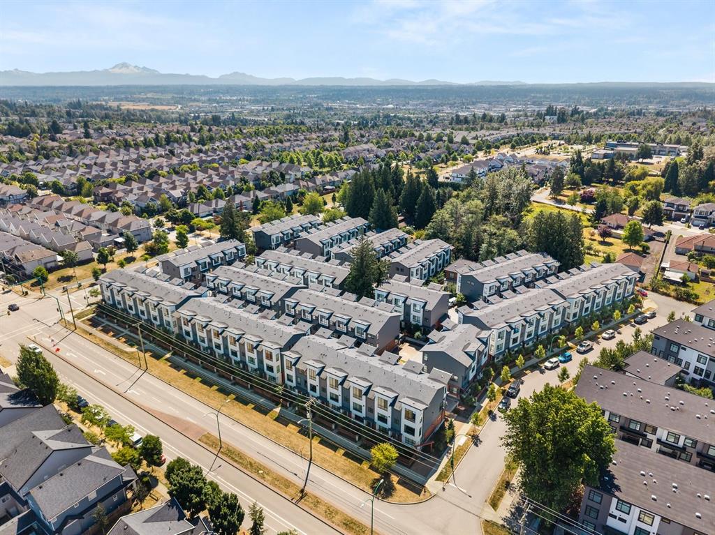 Aerial view of a new townhome complex in Clayton, Surrey