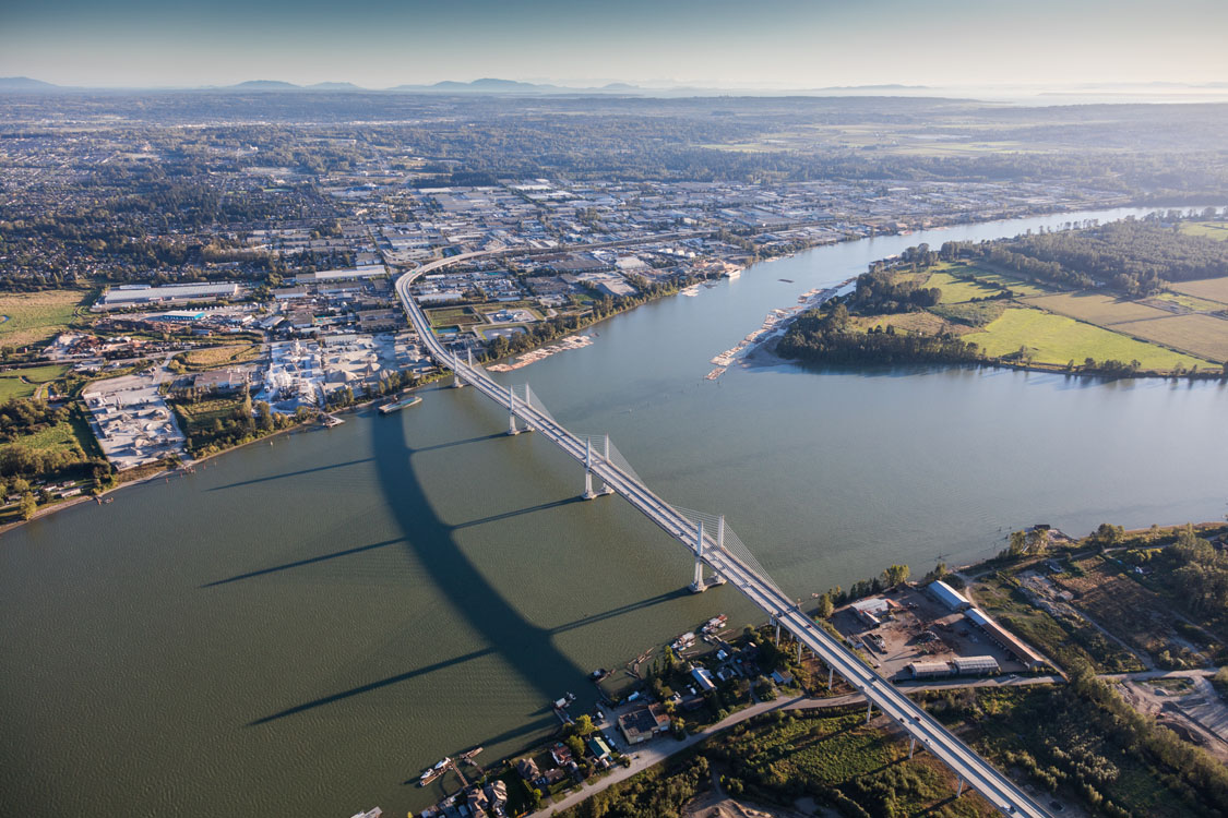 Aerial view of the Golden Ears Bridge over the Fraser River