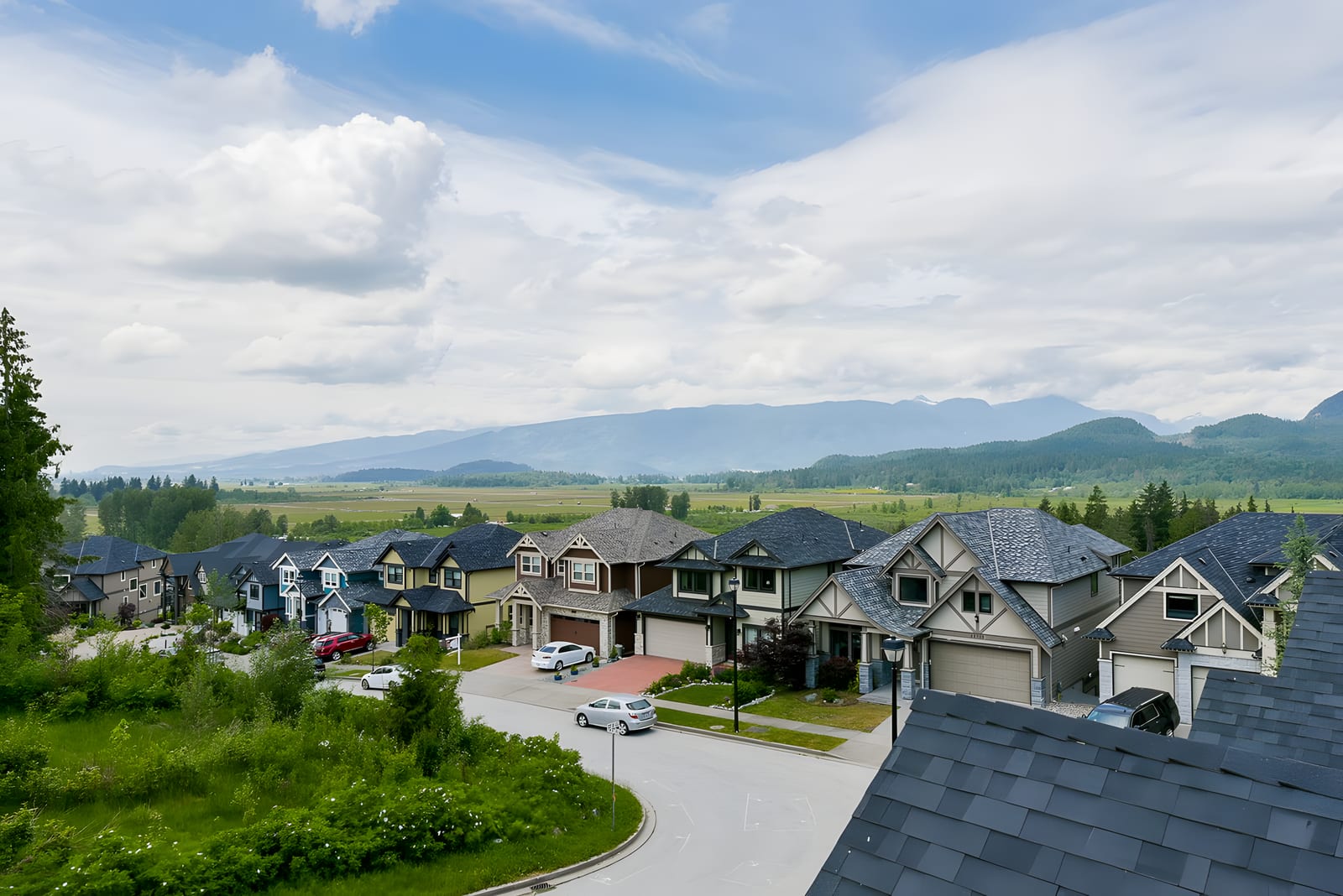 A street of new homes in Silver Valley, Maple Ridge, looking toward the mountains
