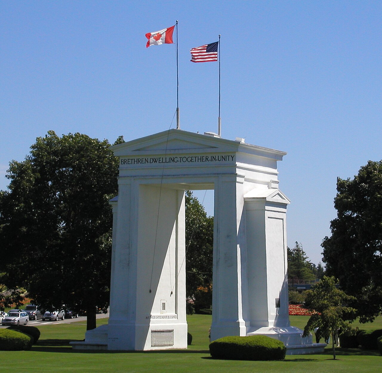 The Peace Arch monument with the Canadian and US flags