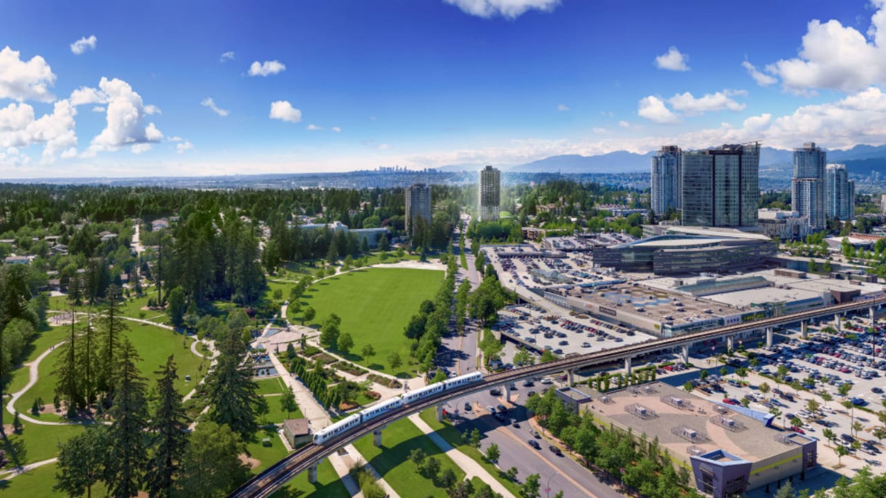 Aerial view of Holland Park, the SkyTrain and Central City in Surrey City Centre