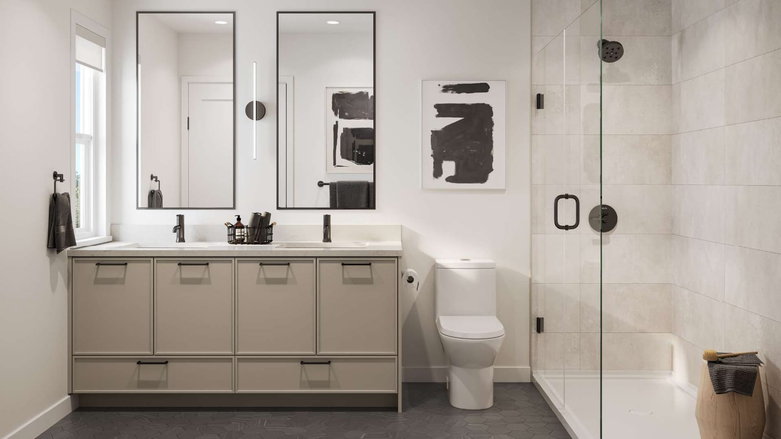 BMG rendering of a Heath West ensuite with a double vanity and glass shower, light scheme