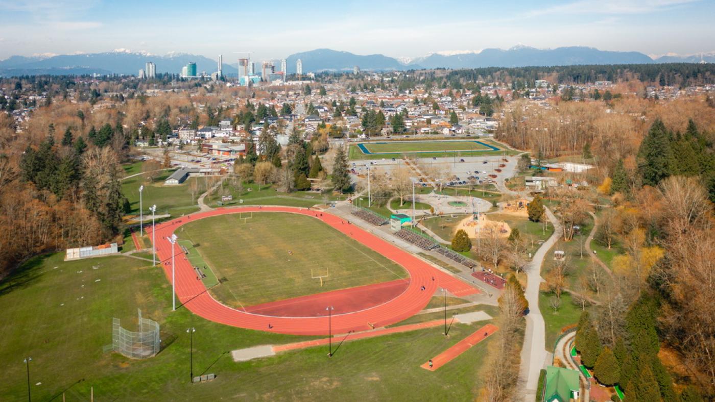 Aerial view of the track and fields at Bear Creek Park