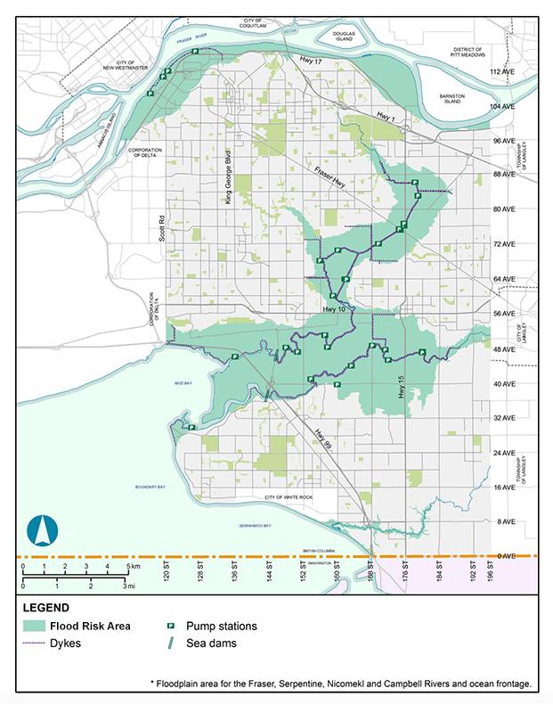City of Surrey map of flood risk areas along the Fraser, Serpentine, Nicomekl and Campbell rivers and the ocean frontage