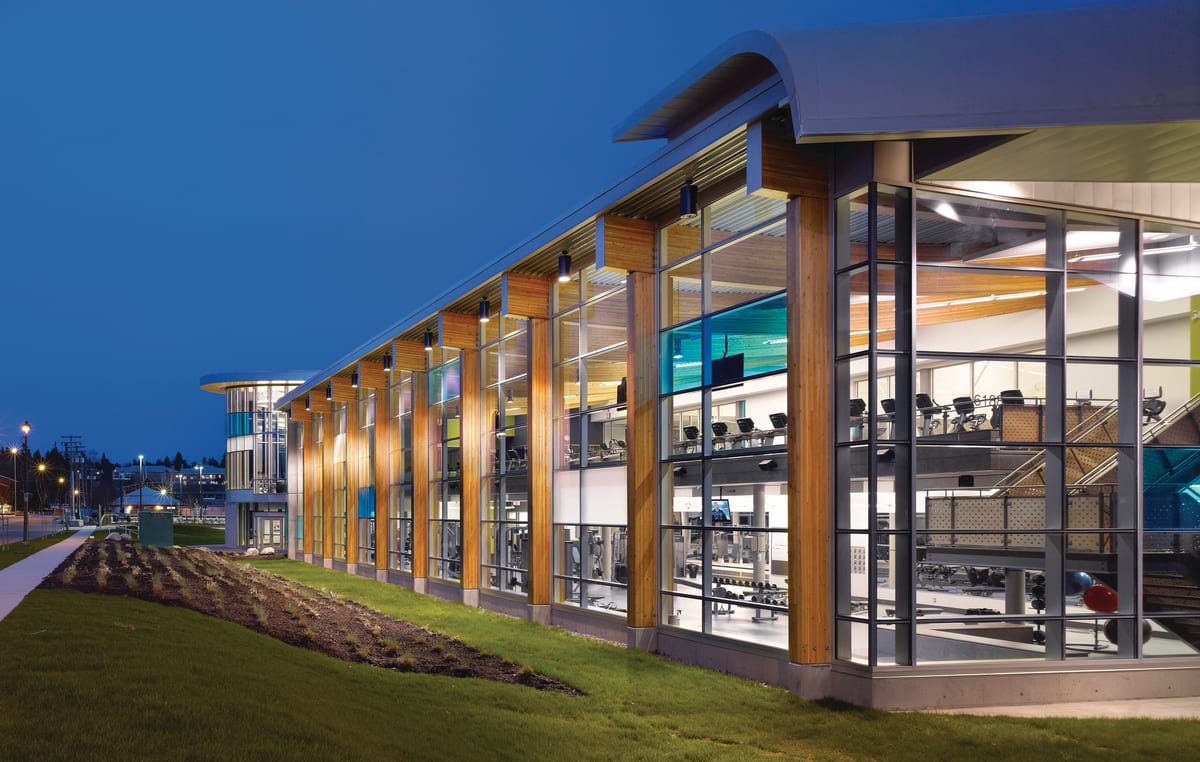 The Cloverdale Recreation Centre at dusk in Surrey