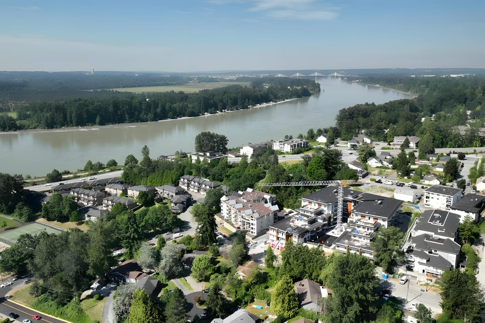 Aerial view of Port Haney in Maple Ridge along the Fraser River, with the Golden Ears Bridge in the distance
