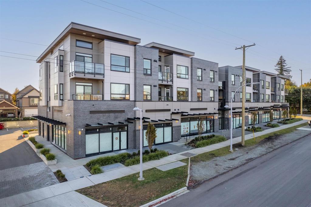 A new 3-storey condo building with ground-floor shops in Sullivan, Surrey