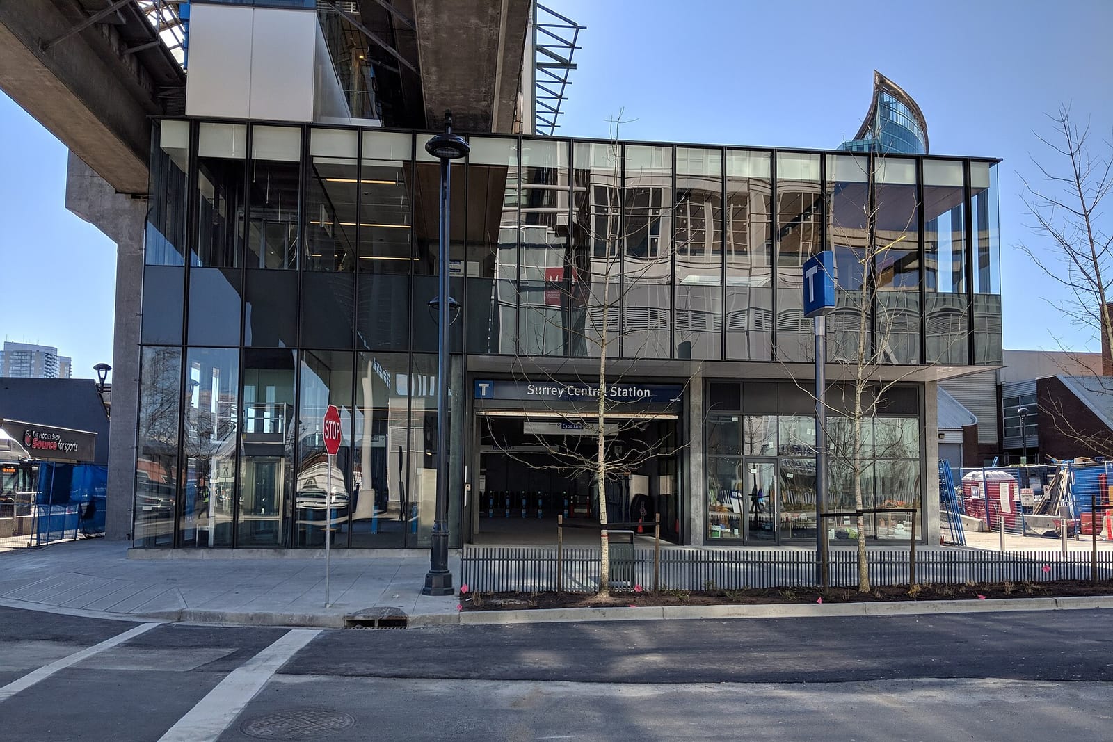 The entrance to Surrey Central SkyTrain station under the guideway