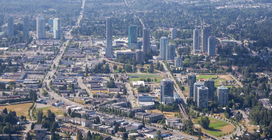 Aerial view of Surrey City Centre towers