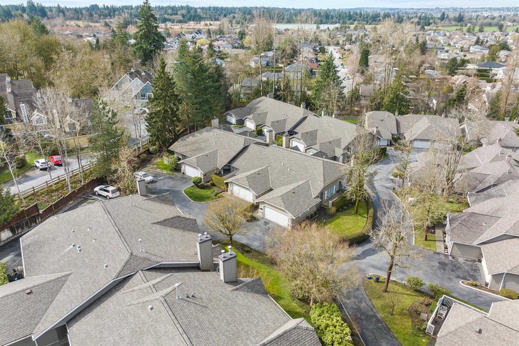 Aerial view of a rancher townhome complex under mature trees in Murrayville, Langley