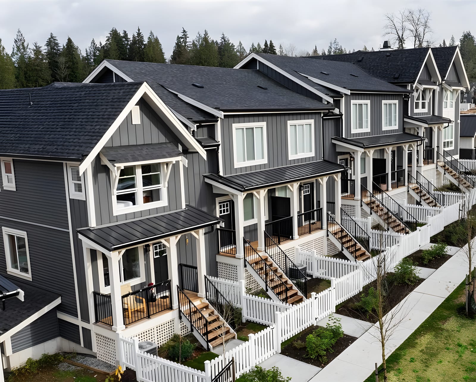 Aerial view of a row of townhomes in Thornhill, Maple Ridge
