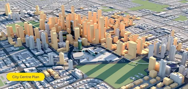 Surrey City Centre future skyline plan, projected highrise corridor near SkyTrain.