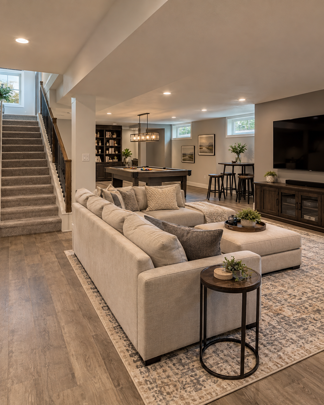 Finished basement with living area, staircase, and recreation space in a St. Charles County home