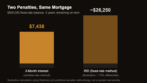 Bar chart comparing a $7,438 three-month interest penalty to an approximately $26,250 IRD penalty on the same $500,000 fixed mortgage
