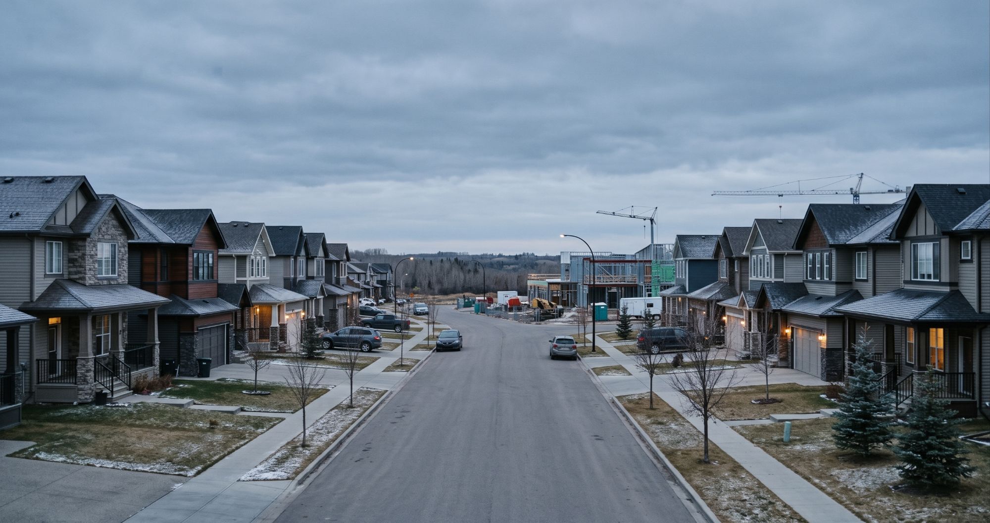 Modern detached homes on a southwest Edmonton street in Glenridding, with new school construction visible in the background