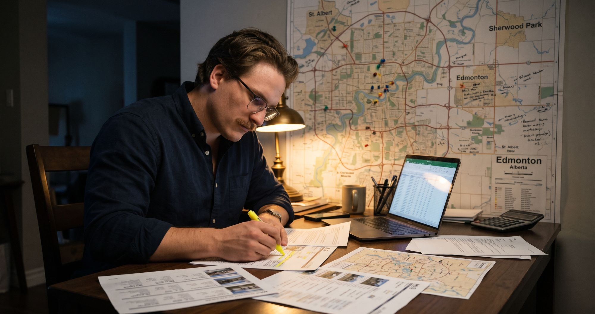 Real estate agent reviewing printed MLS listing sheets and a laptop spreadsheet at a desk at night while researching Edmonton-area suburb data himself.