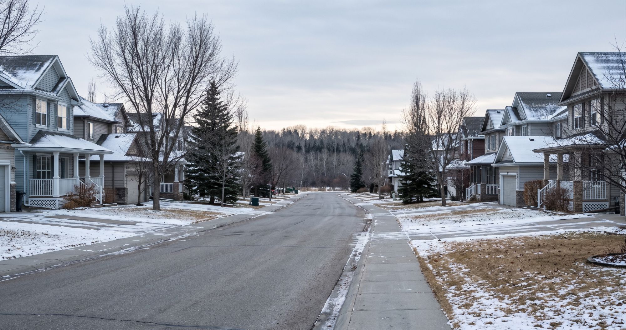 Mature southwest Edmonton street in Terwillegar with craftsman and colonial two-storey homes under an overcast prairie sky