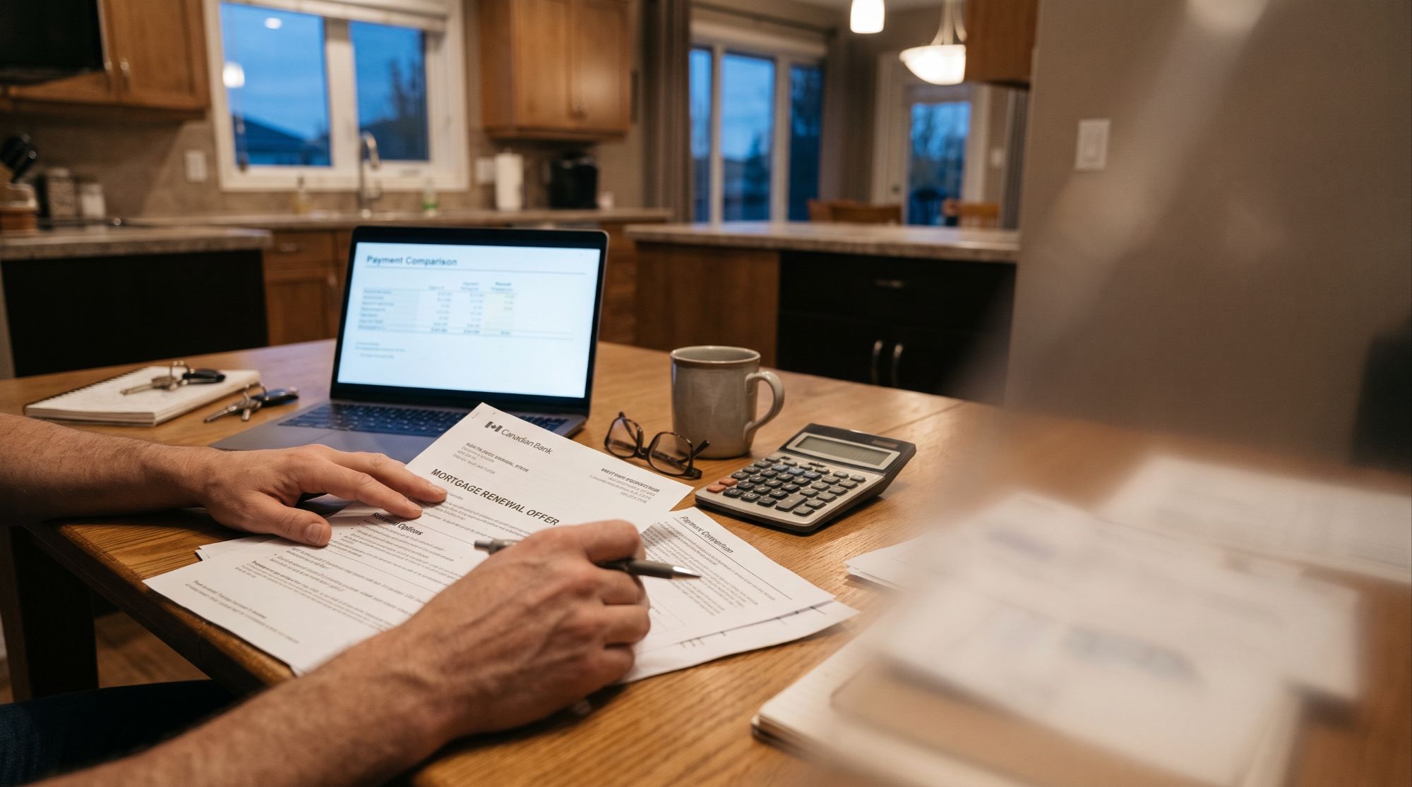 Homeowner reviewing a mortgage renewal letter and payment comparison at a kitchen table in an Edmonton-area home.