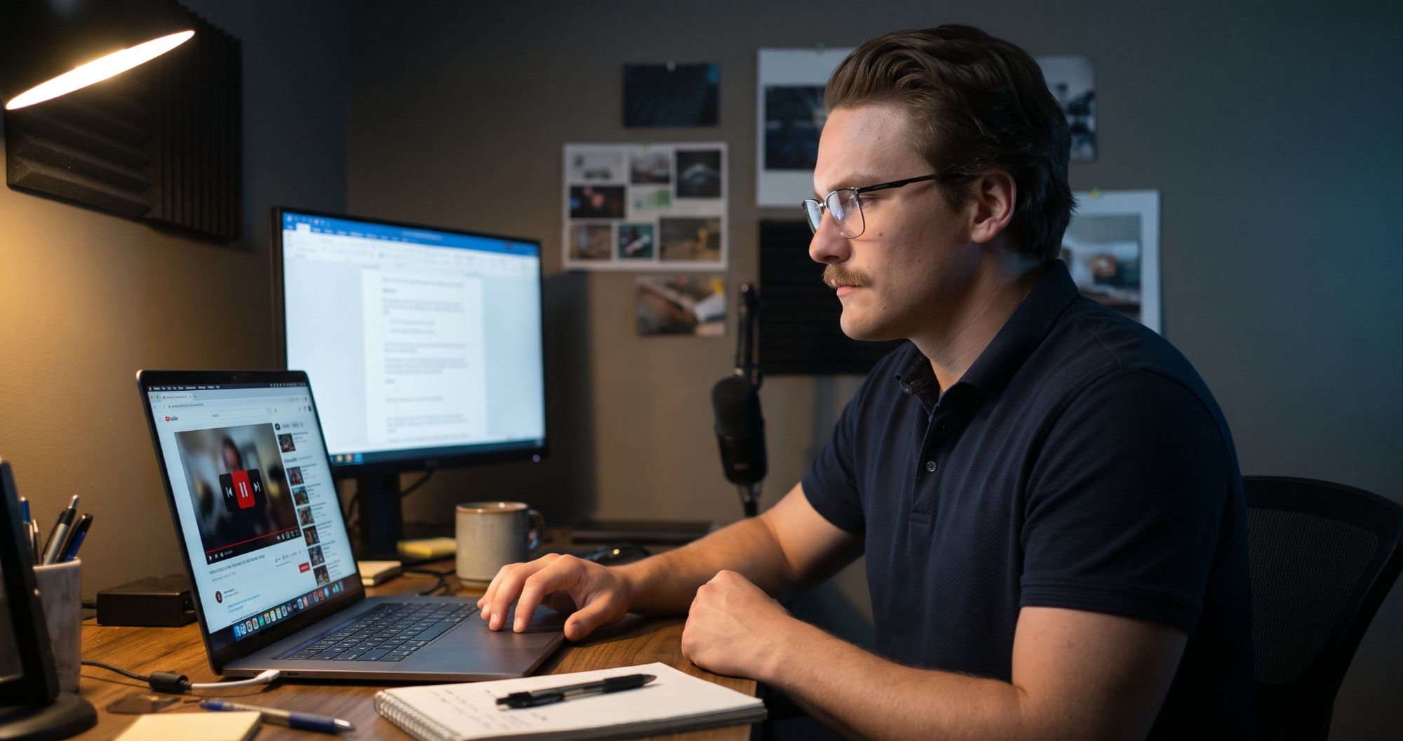 Real estate content creator reviewing a finished video script at his desk before publishing a correction to his own past content
