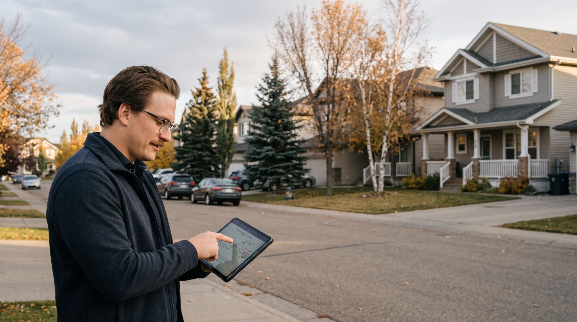 Tristan Boire reviewing September 2026 Edmonton housing market data on a tablet on a suburban Edmonton-area street