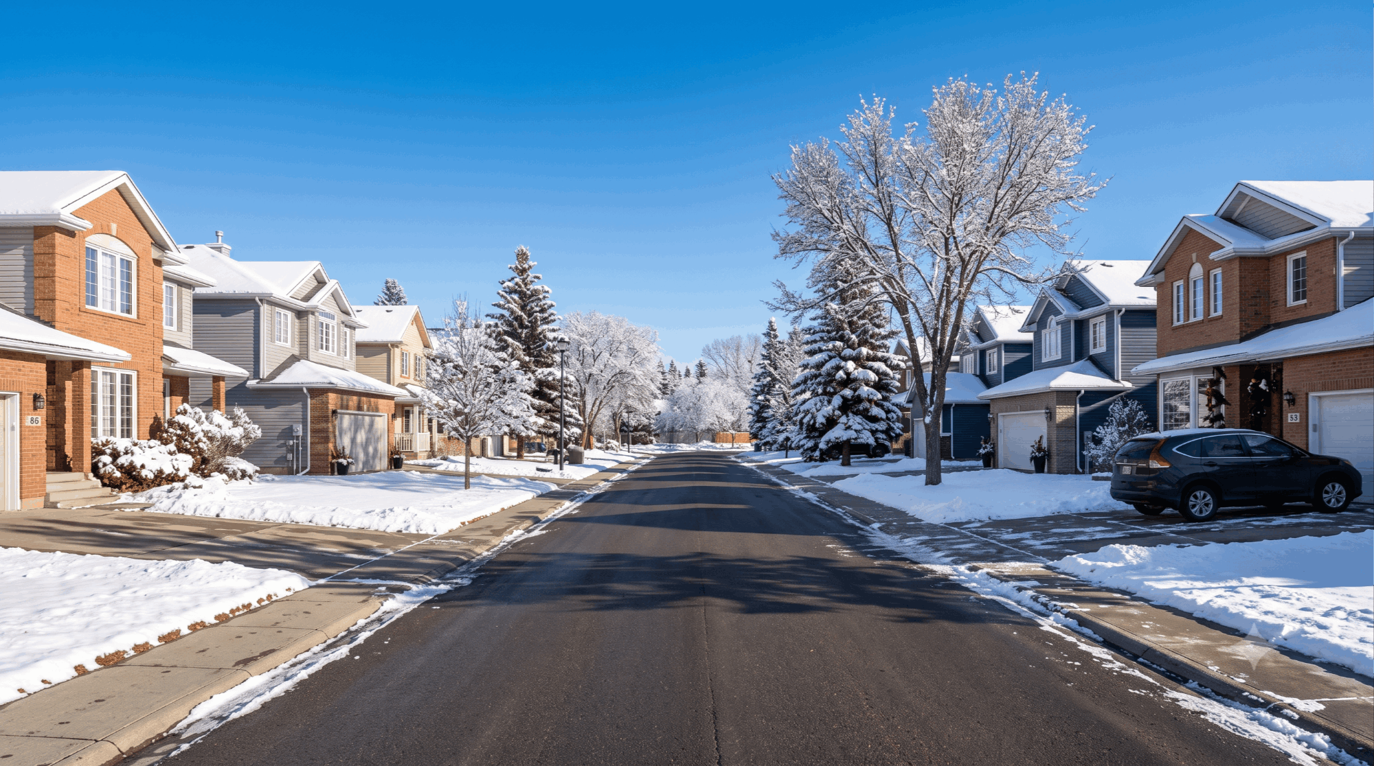 Edmonton winter residential street with bright sunshine on fresh snow and clear blue sky