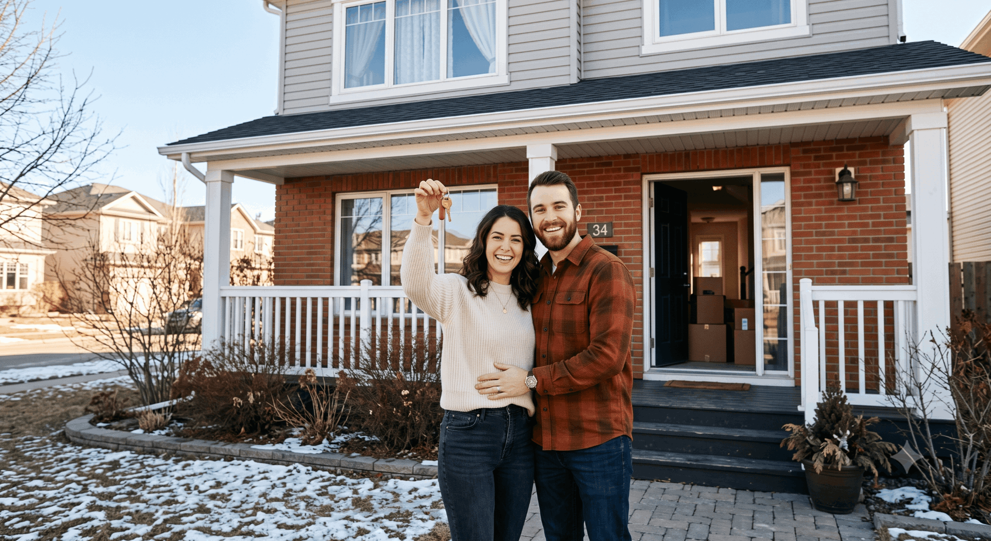 New homeowner holding house keys in front of their new home on possession day