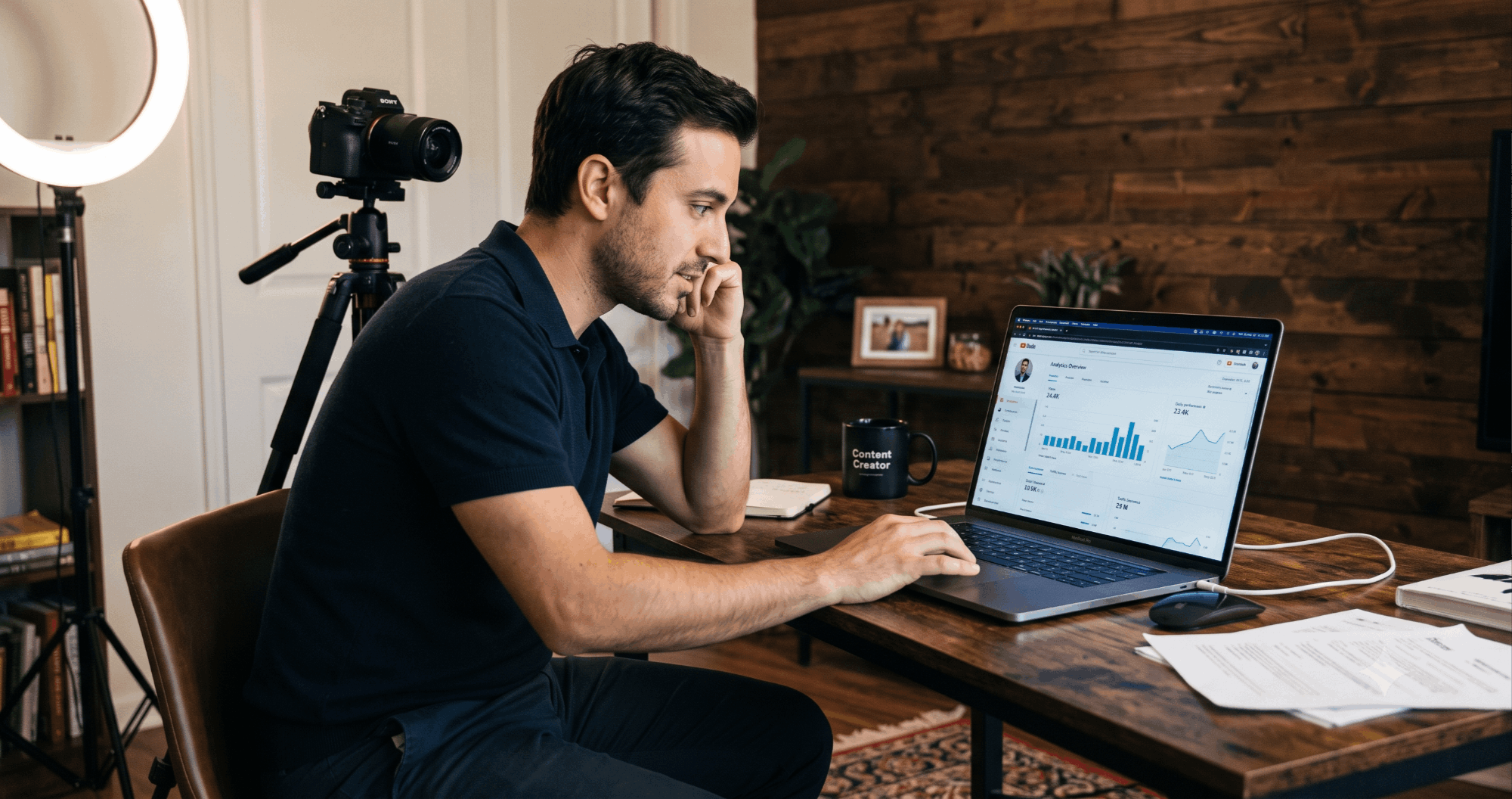 Real estate agent reviewing YouTube Studio analytics dashboard on a laptop in a home content studio