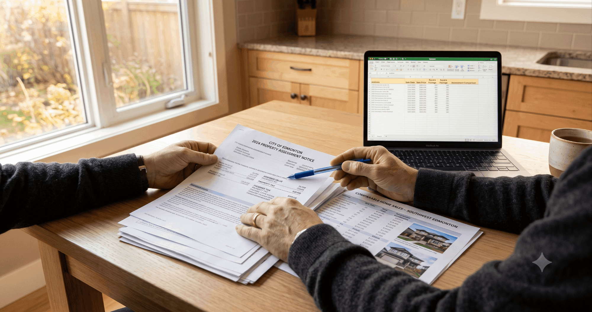 Homeowner reviewing a property tax assessment notice and comparable sales paperwork at a kitchen table, preparing an Alberta property assessment appeal