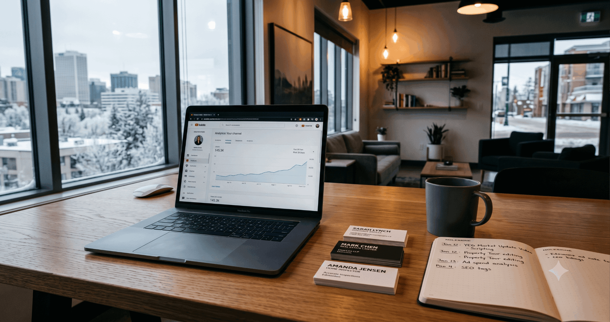 Desk with laptop showing YouTube analytics next to a small stack of referral partner business cards, representing a real estate agent's professional network