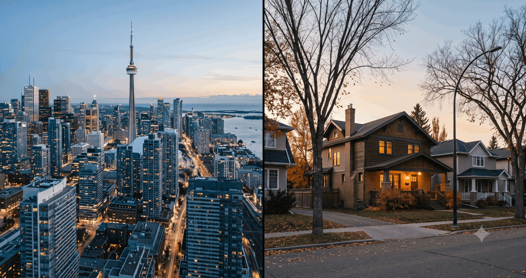 Split image comparing downtown Toronto skyline at dusk with a suburban Edmonton craftsman home at dusk, illustrating the $150,000 income and cost of living comparison