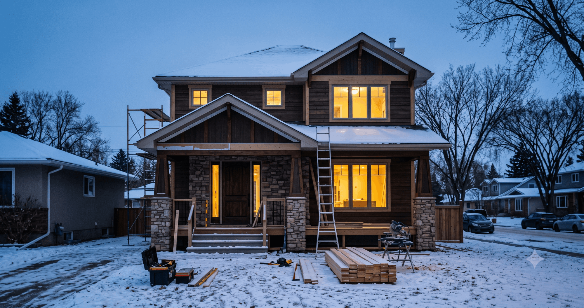 Craftsman-style Edmonton home mid-renovation at dusk with a contractor's ladder by the front entry and warm interior light against a cold winter sky
