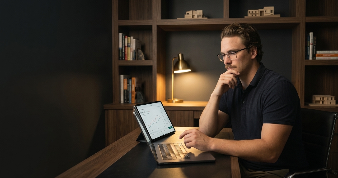 Real estate agent reviewing housing market data on a tablet before filming a market update video