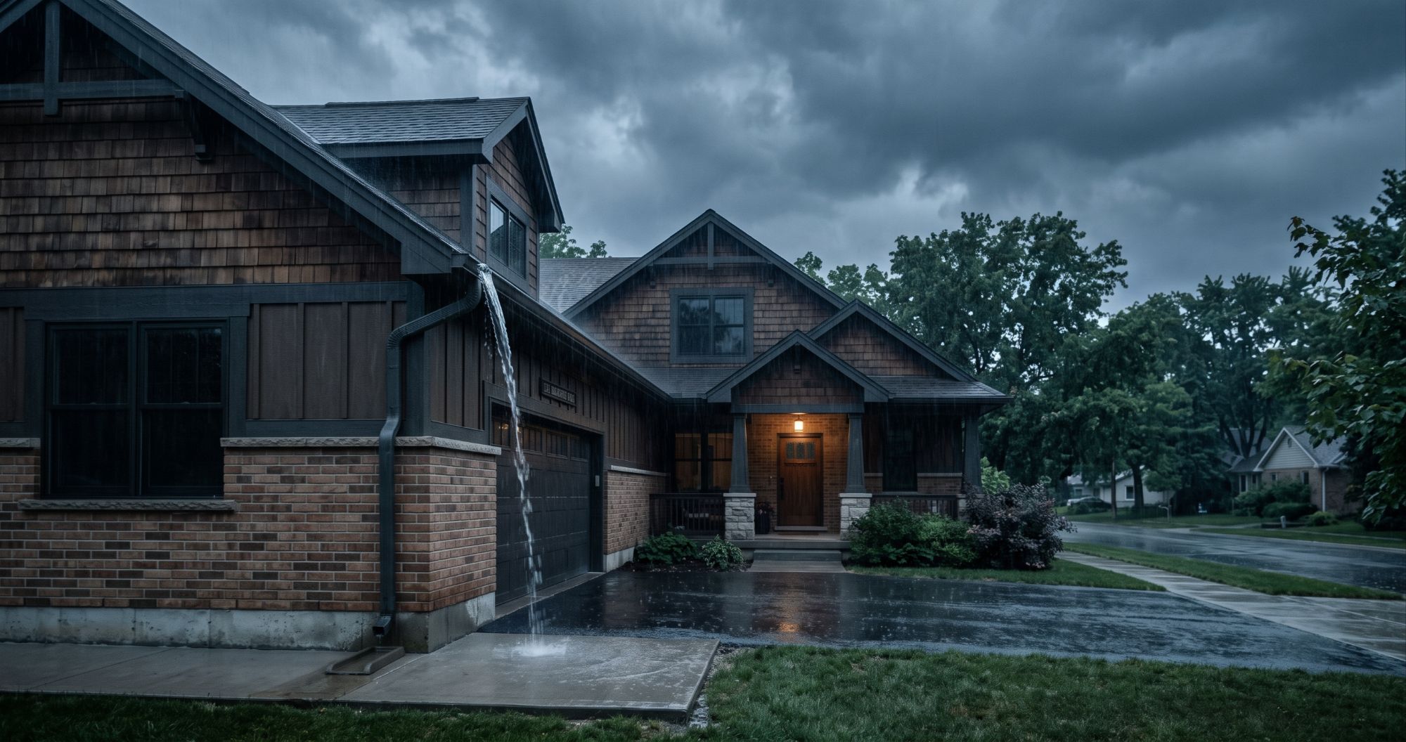 Rain falling and running off a downspout on a suburban prairie-style home during a summer storm, illustrating the record rainfall behind this year's basement moisture problems